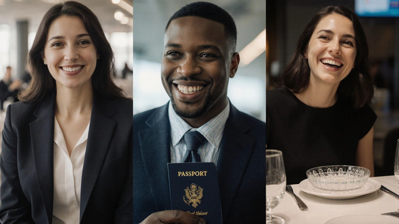 Tři dospělí lidé s různými typy neviditelných rovnátek v běžných životních situacích.