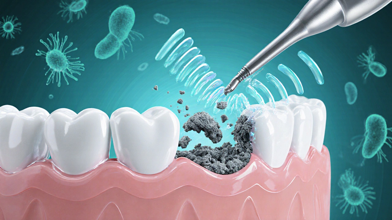 Ultrasonic waves breaking down tartar below the gumline.