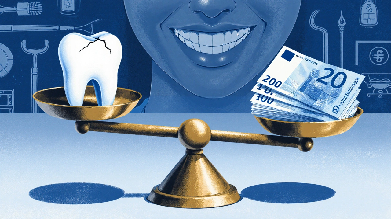 Váha s poškozeným zubem a penězi, symbolizující náklady na opravu.