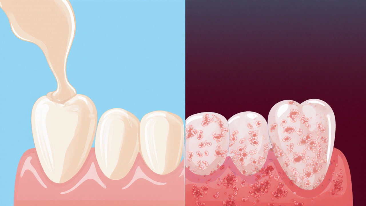 Vizualizace vývoje zubního plaku v zubní kámen pod dásněmi s bakteriemi.