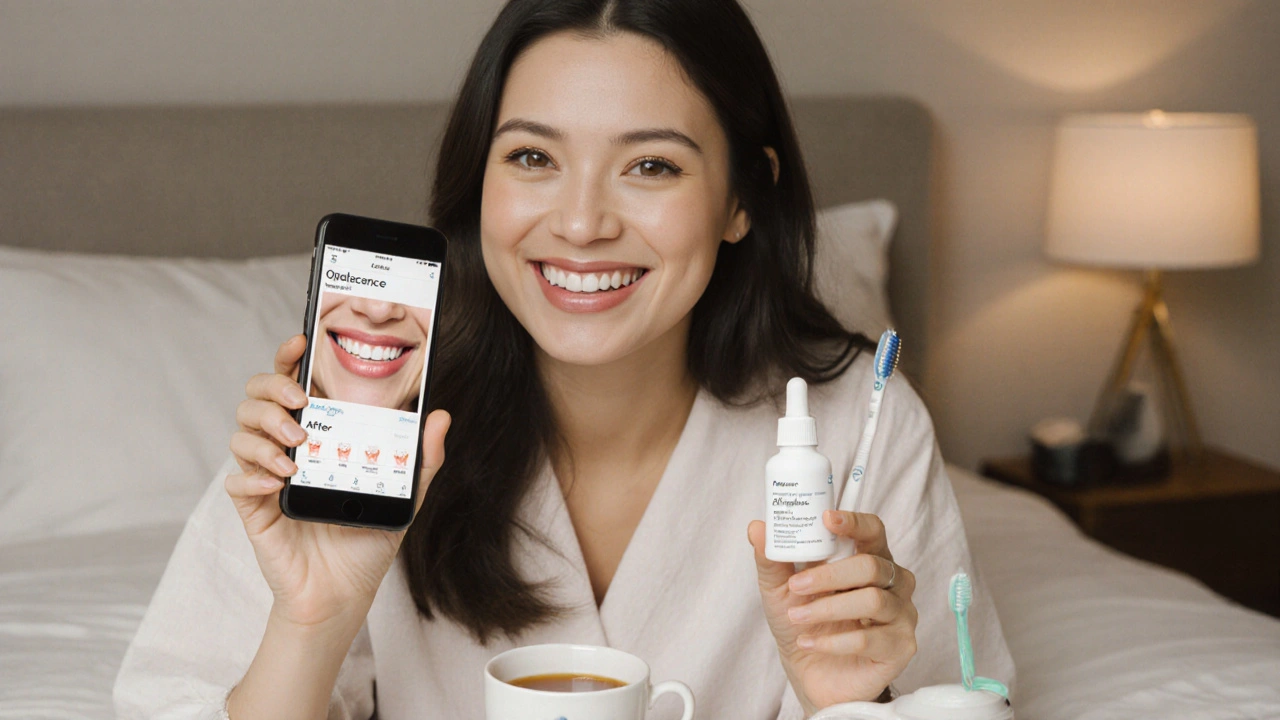 Žena drží láhev Opalescence vedle obrázku na telefonu, přirozeně bělé zuby a klidné prostředí.