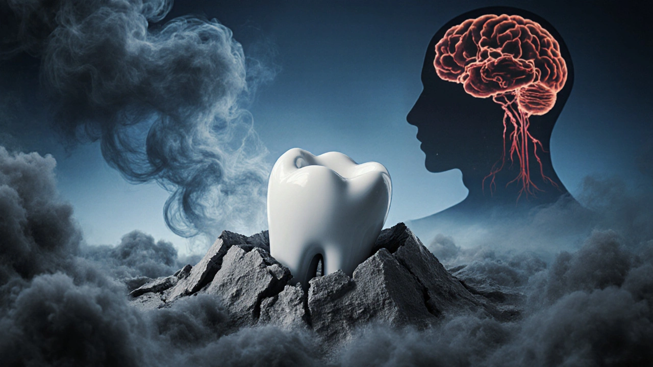 Zub klesající do zničené kosti, s bakteriemi v krevním oběhu.