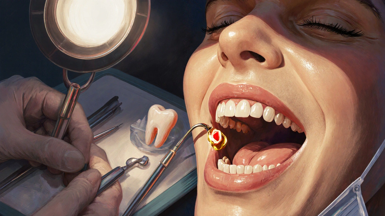 Zubař prohlíží pacientovu ústní dutinu s viditelným vystupujícím dnetem.