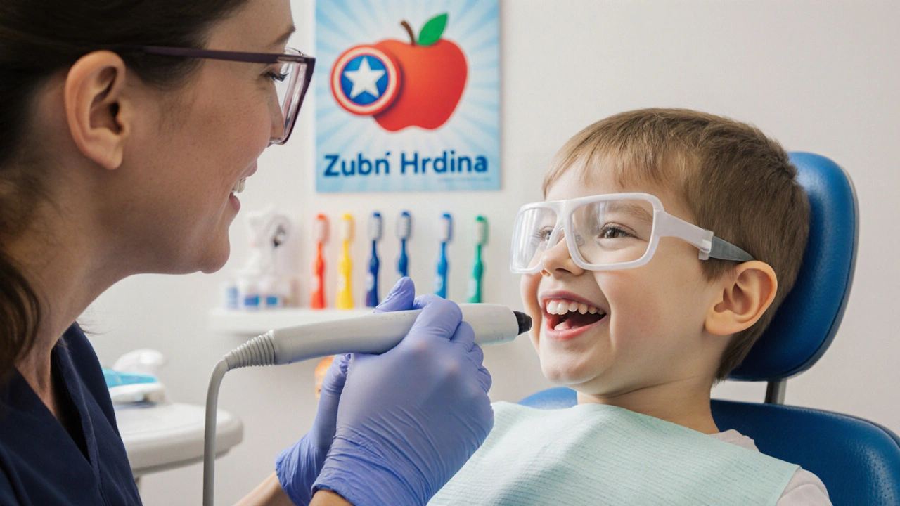 Zubní lékař odstraňuje zubní kámen u dítěte v ordinaci.