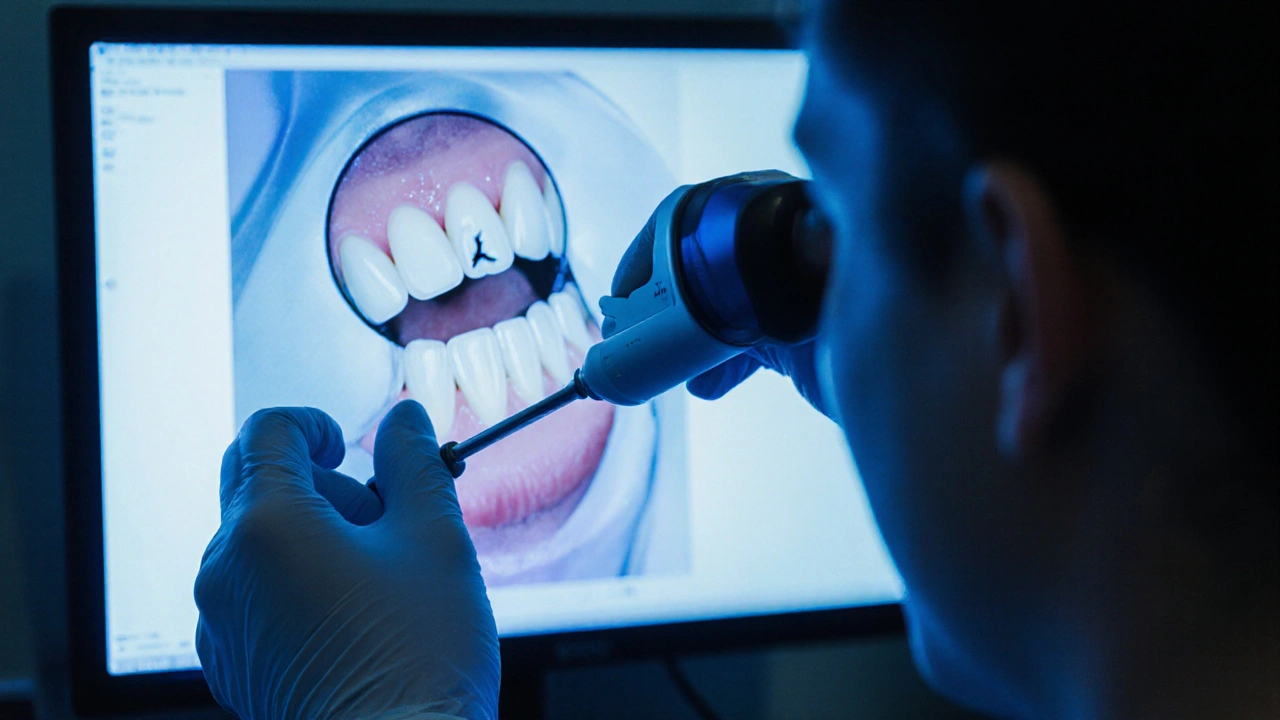 Zubní lékař používá endoskop k detekci praskliny v kořeni zubu.