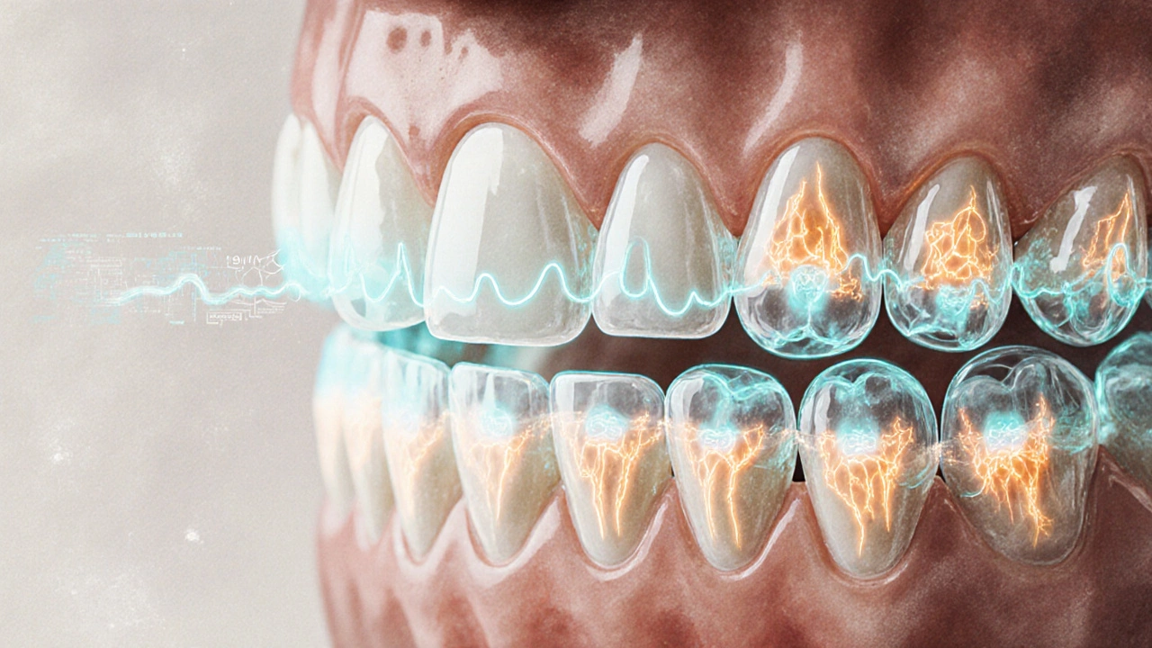 Zuby s průhlednými rovnátky a mikroskopickým znázorněním přestavby kosti kolem kořenů.