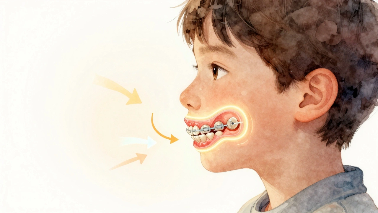 Dítě s pohyblivým ortodontickým aparátem, který pomáhá rozšiřovat horní čelist.