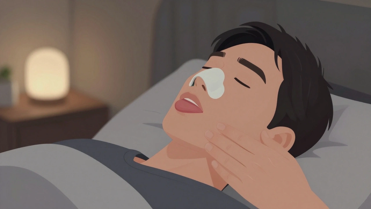 Dospělý cvičí myofunkční terapii v posteli s náplastí na nosu.