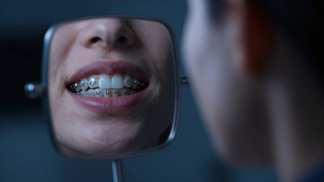 Dospělý s keramickými langovými braketami na vnitřní straně zubů, diskrétní a neviditelné zvenčí.