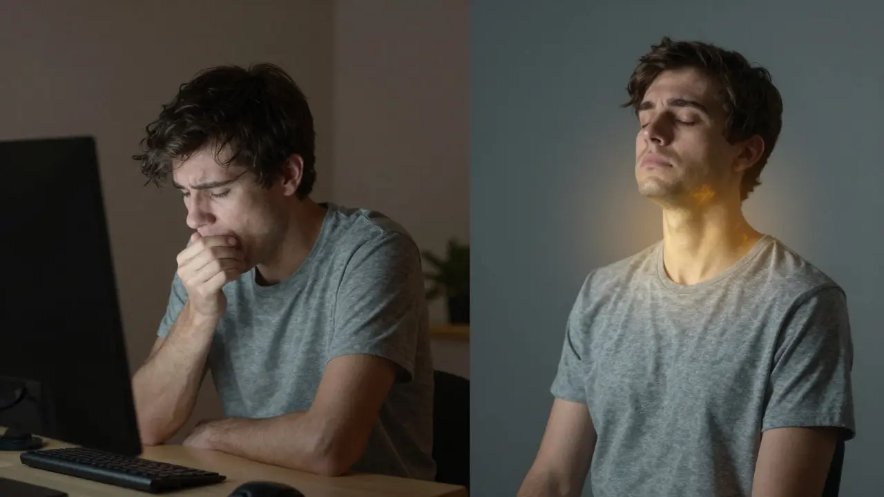 Dvě verze člověka: stresovaný vs. klidně dýchající, symbolizující změnu.