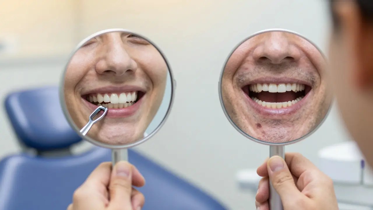 Dvě verze osoby: jedna se zdravými zuby, druhá se ztracenými zuby a odsázenými dásněmi.