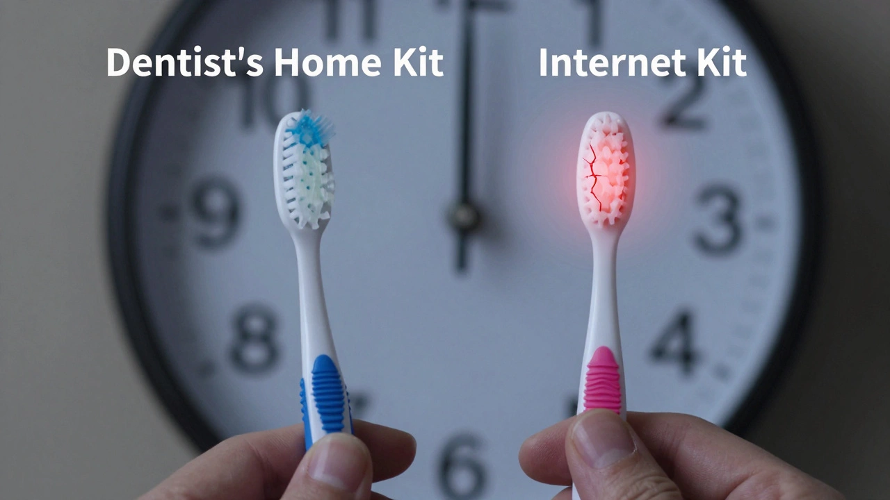 Dvě zubní kartáčky symbolizují dlouhodobou bezpečnost a krátkodobé riziko vybělování.