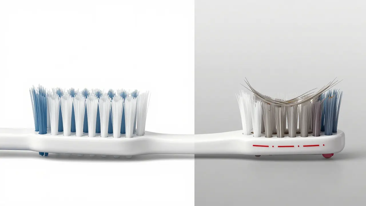 Dvoučástný náčrt nového a opotřebovaného kartáčku s výraznými rozdíly ve struktuře štětin.