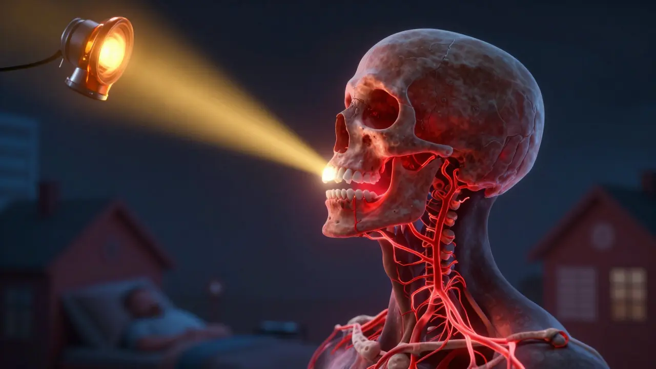 Grafické znázornění infekce zubu šířící se do čelisti, přerušené záchranným světlem.