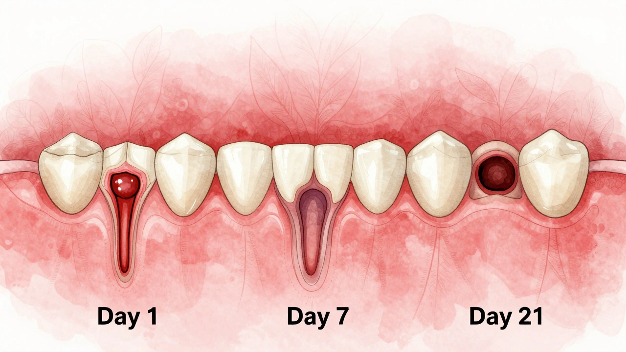 Ilustrace hojení dásně po vytržení zubu ve třech fázích: den 1, 7 a 21.