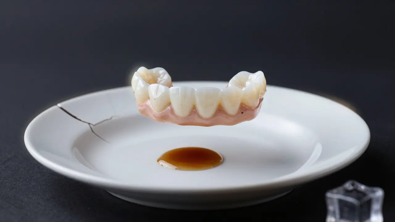 Keramická fazeta nad rozbitou deskou s kávou a ledem.