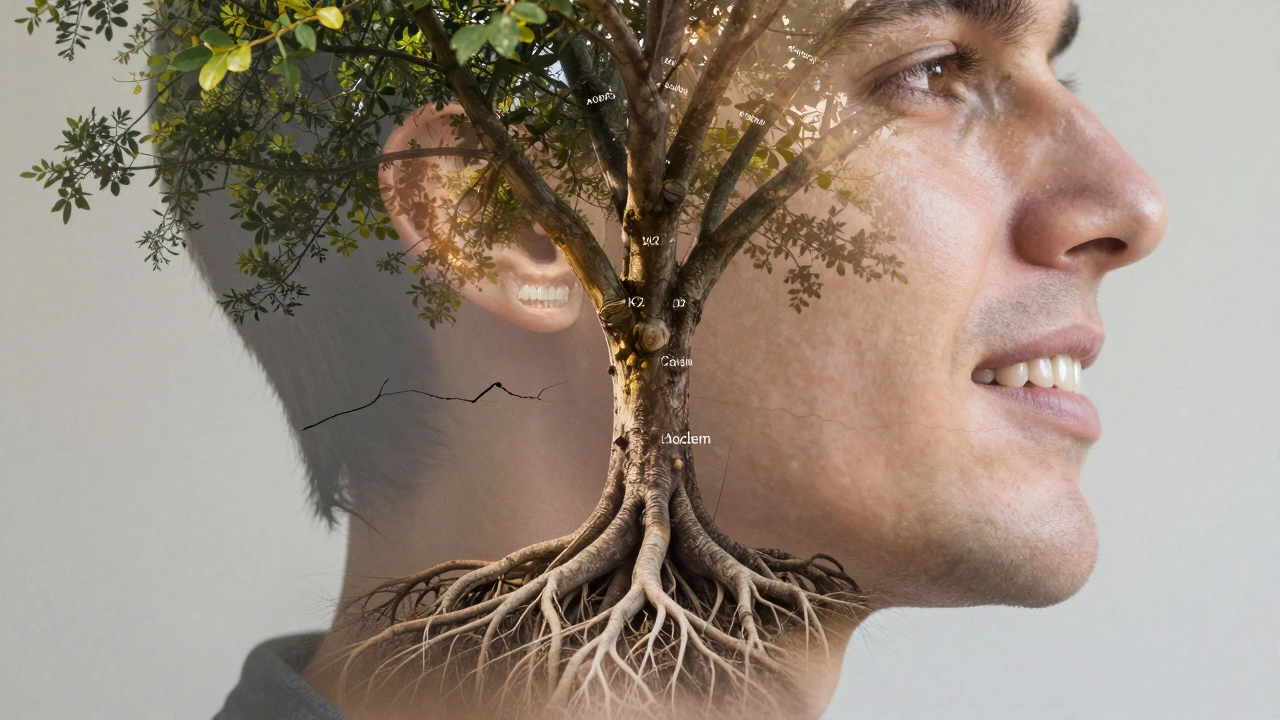 Konceptuální obraz tváře s kořeny a větvemi symbolizujícími zdravý vývoj čelisti.