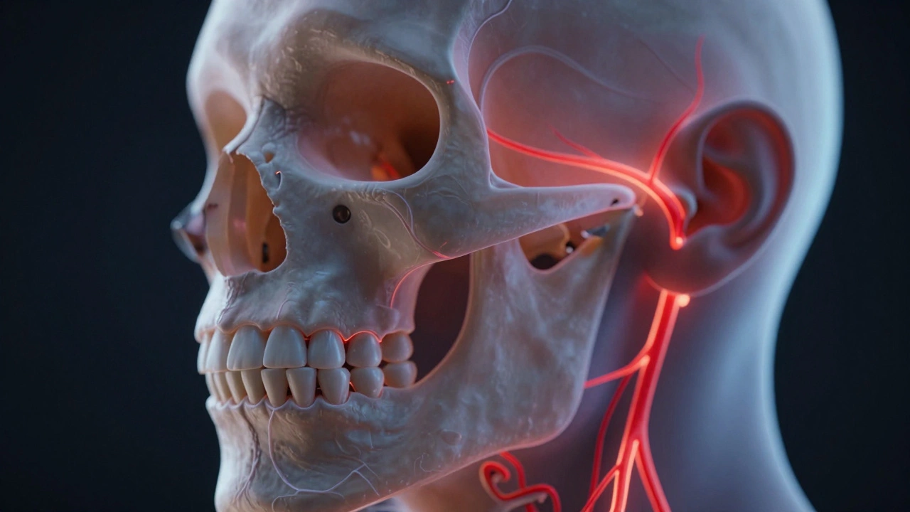 Konceptuální zobrazení čelisti s viditelnými nervy a stresovanými sousedními zuby.