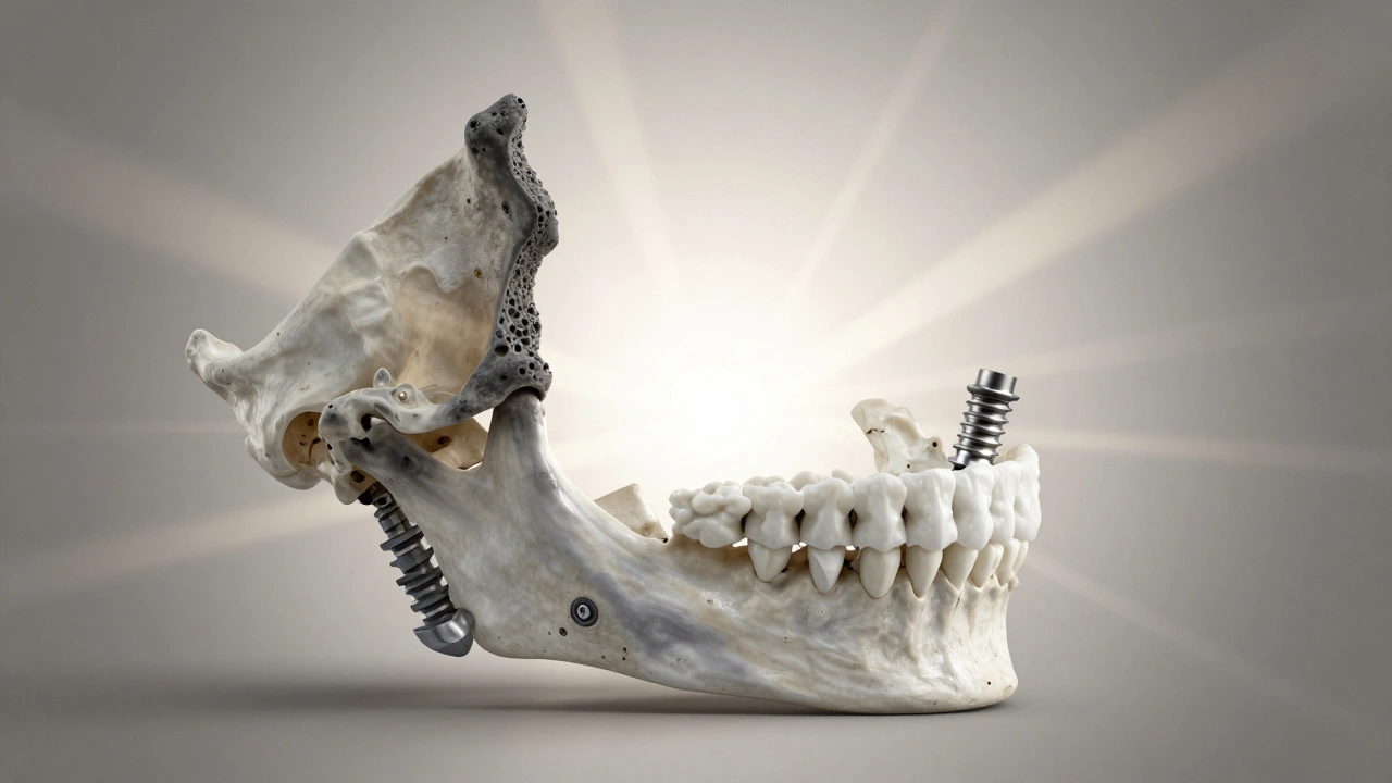 Křehká a obnovená čelistní kost s implantáty v anatomickém zobrazení.