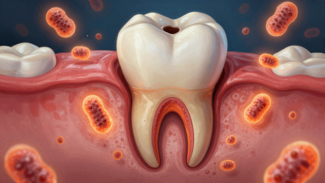 Křížový řez zubu ukazující postup kazů od skloviny k pultu s bakteriemi.
