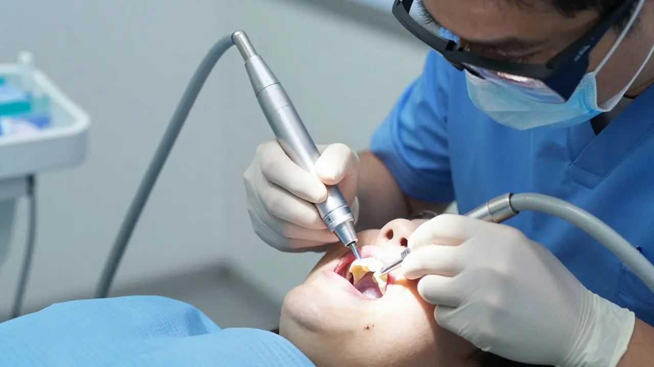 Lékař odstraňuje kaz zubním vrtákem a aplikuje bílou plombu pomocí světelného ztvrdování.