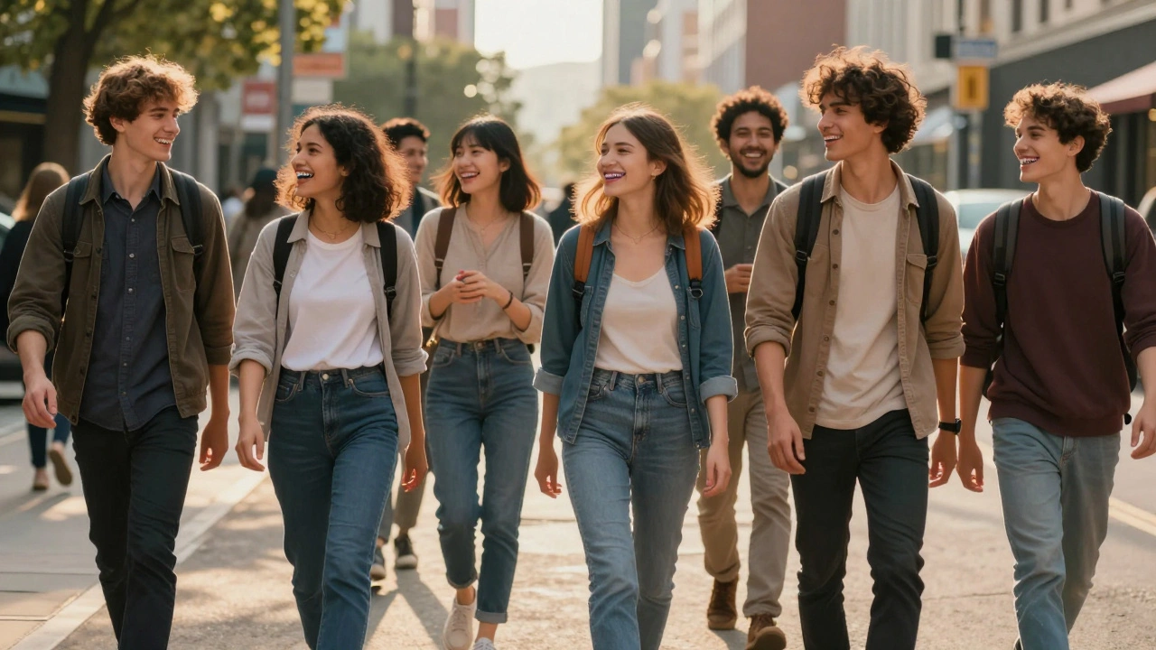 Lidé v městě s barevnými gumičkami na rovnátkách, kroky plné sebevědomí.