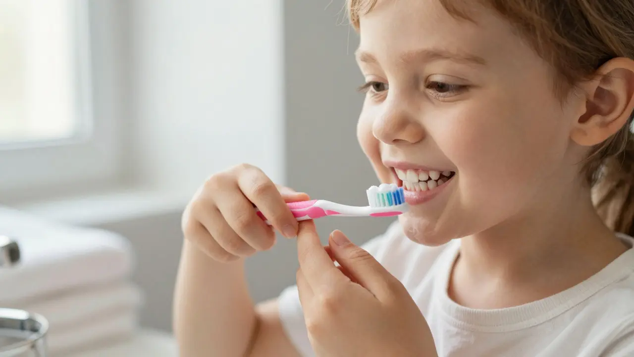 Matka čistí dítěti zuby fluoridovou pastou ve velikosti hrášku, dítě se usmívá, zuby jsou čisté a přirozeně bílé.
