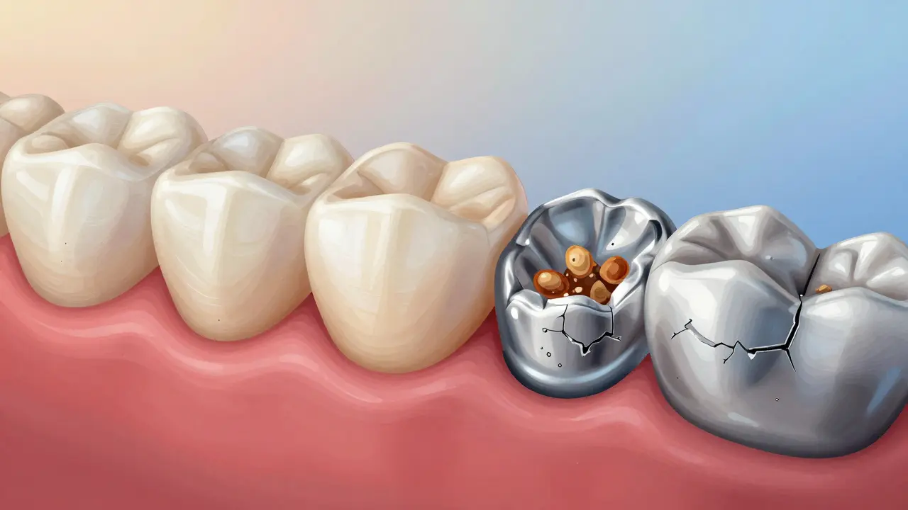 Mikroskopický pohled na rozdílné chování keramiky a kovu při žvýkání.
