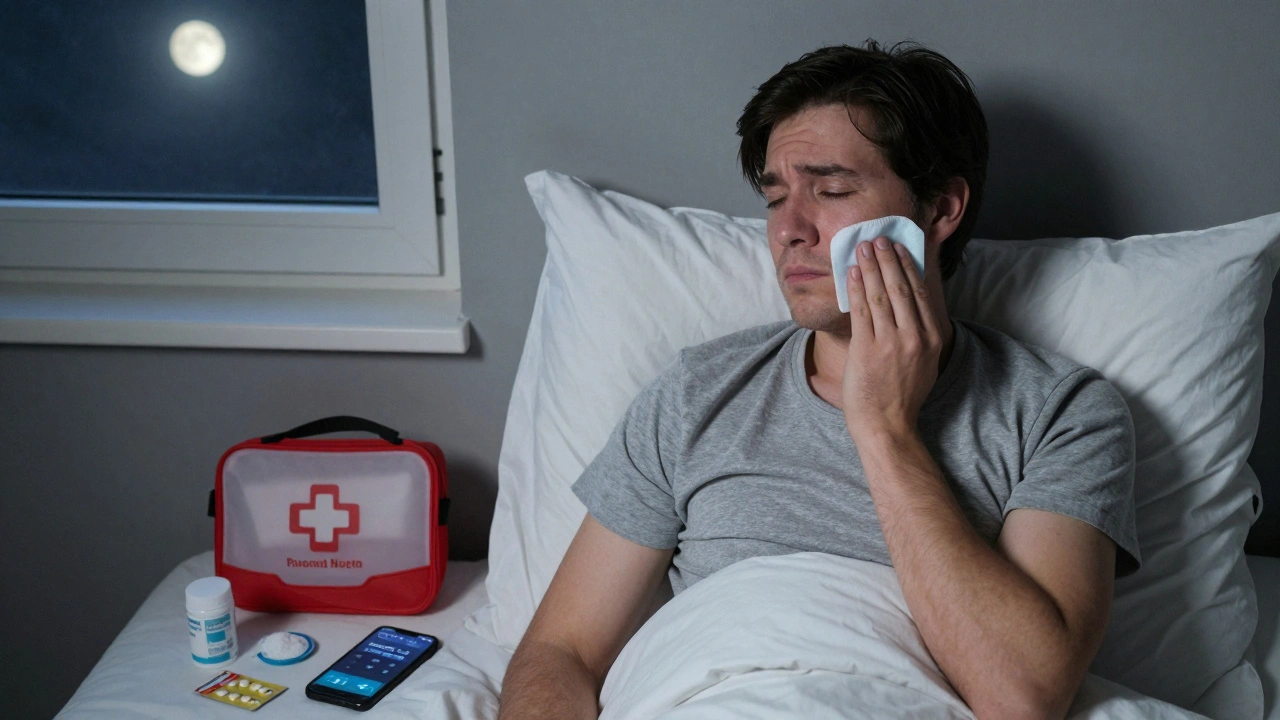 Nocní krizová taška s léky a chladným obkladem vedle osoby v posteli.