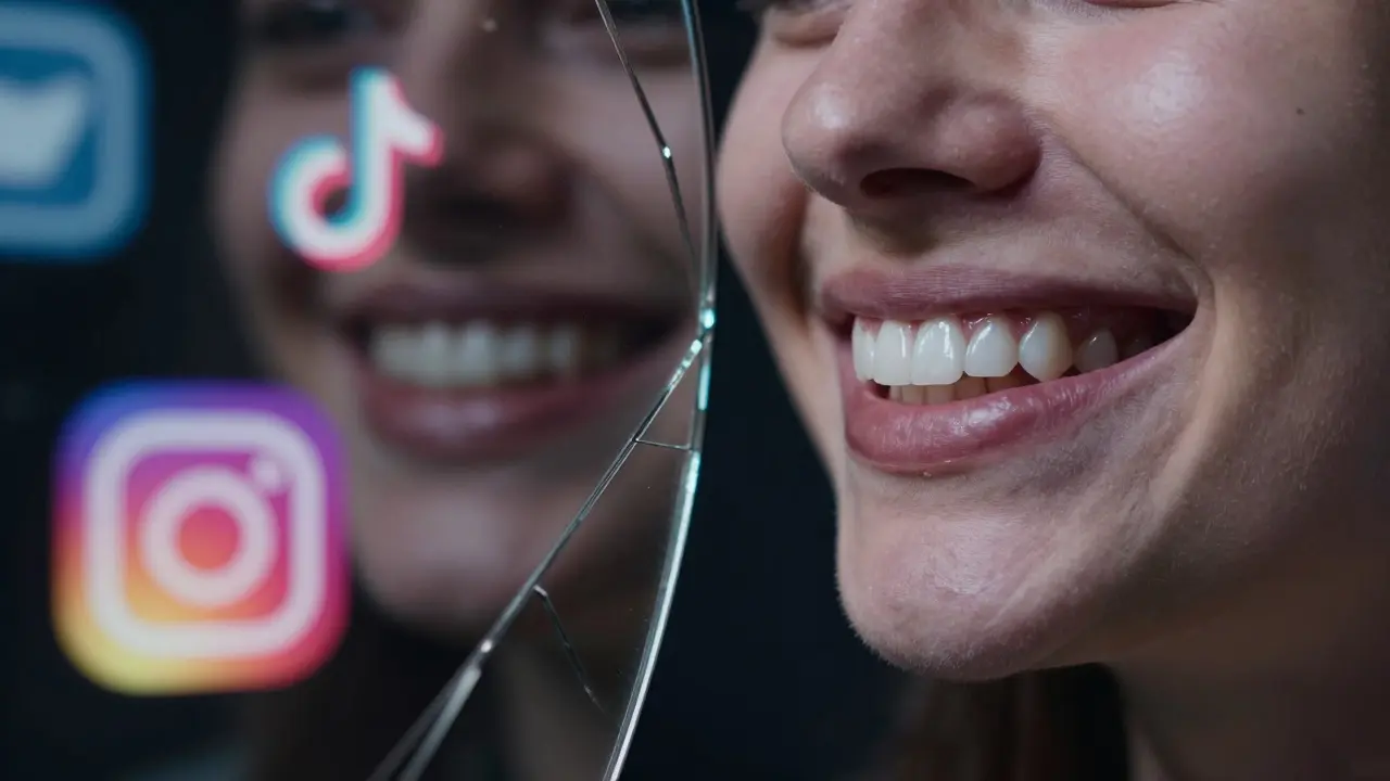 Odraz dokonalého úsměvu v rozbitém zrcadle, za nímž jsou siluety sociálních sítí.