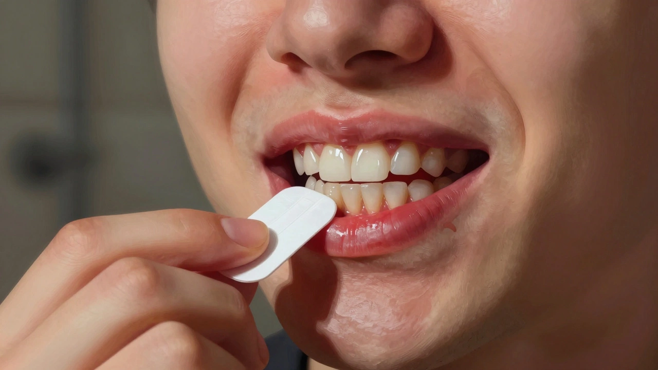 Osoba aplikující bělící pásy s netěsnícím gelem na červené a zánětlivé dásně.