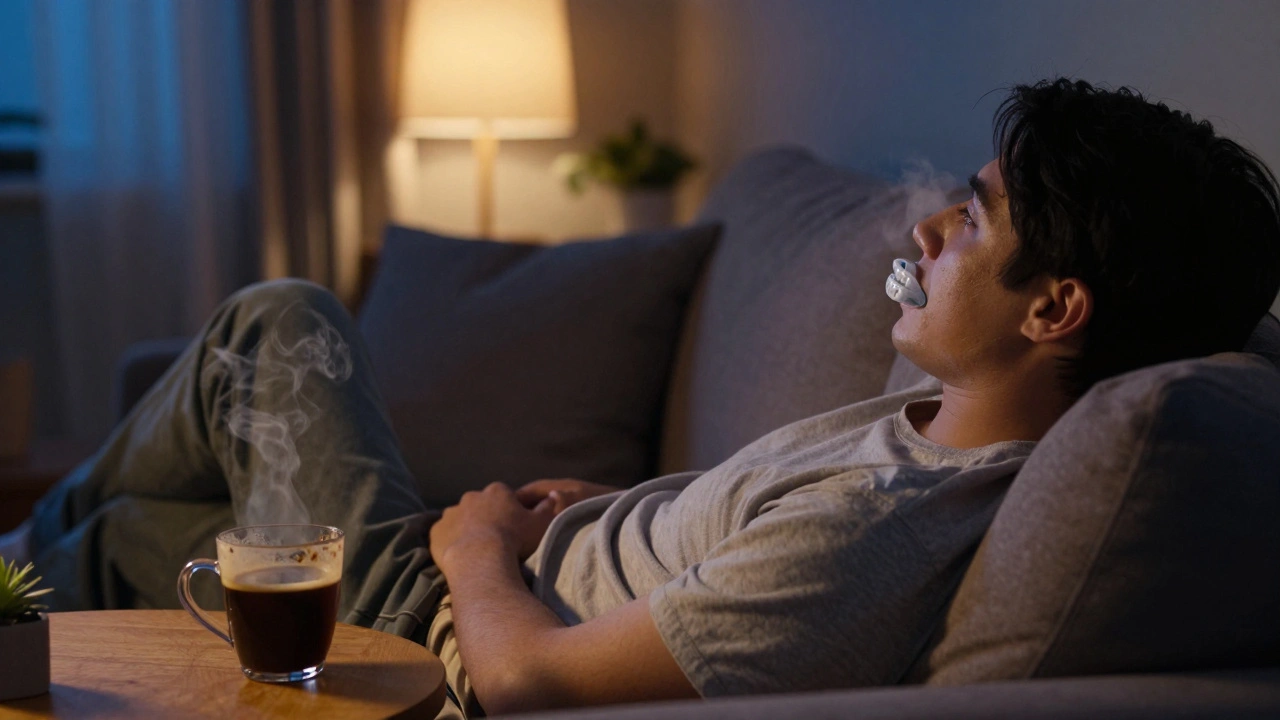 Osoba nosí bělící formy při sledování seriálu večer doma.