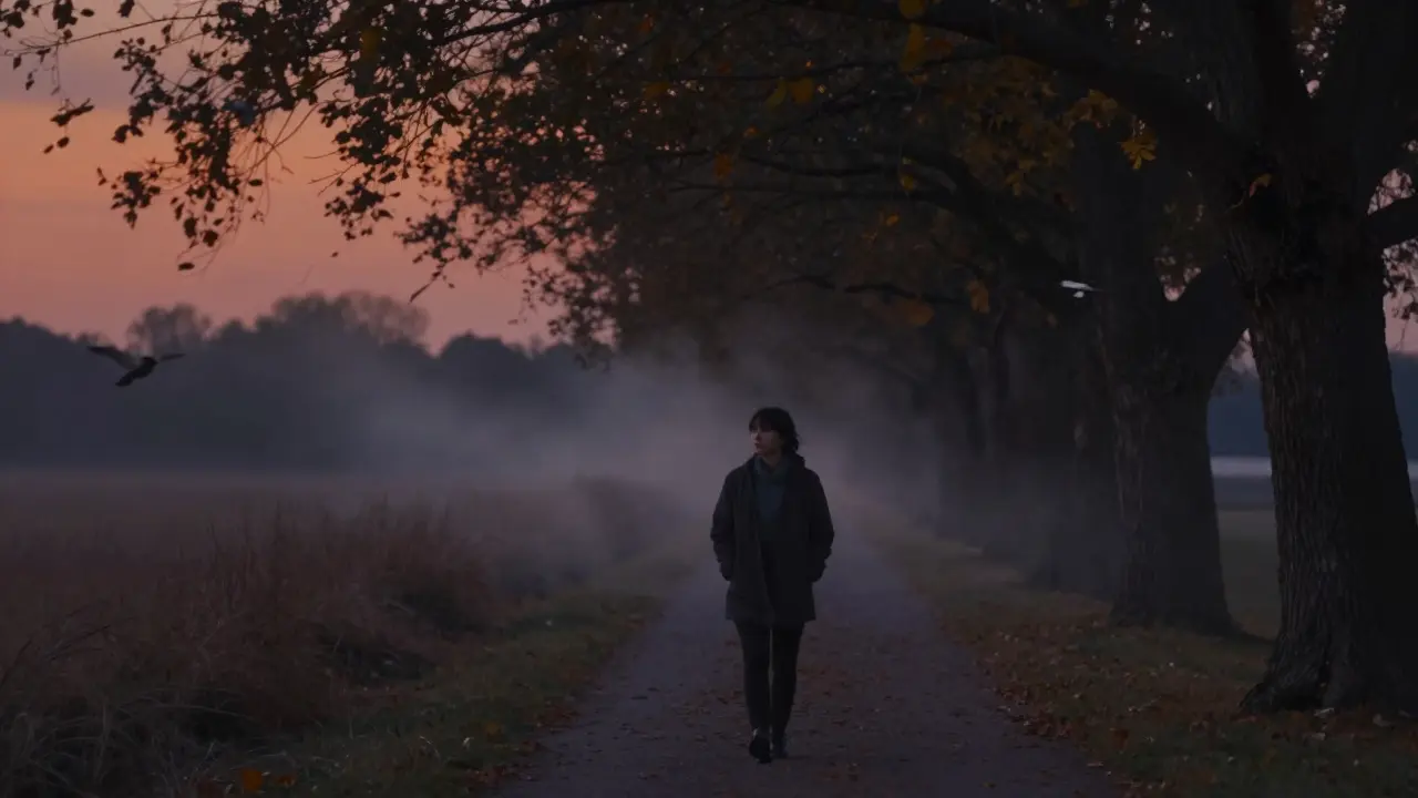 Osoba prochází bez telefonu večerní přírodou, dech viditelný v chladném vzduchu.