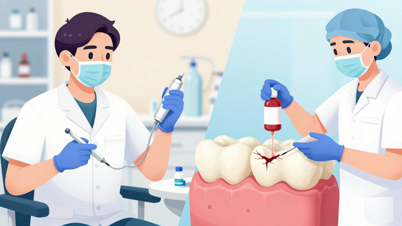 Porovnání bezpečného a nebezpečného vybělování zubů: lékař vs. nekvalifikovaný poskytovatel.