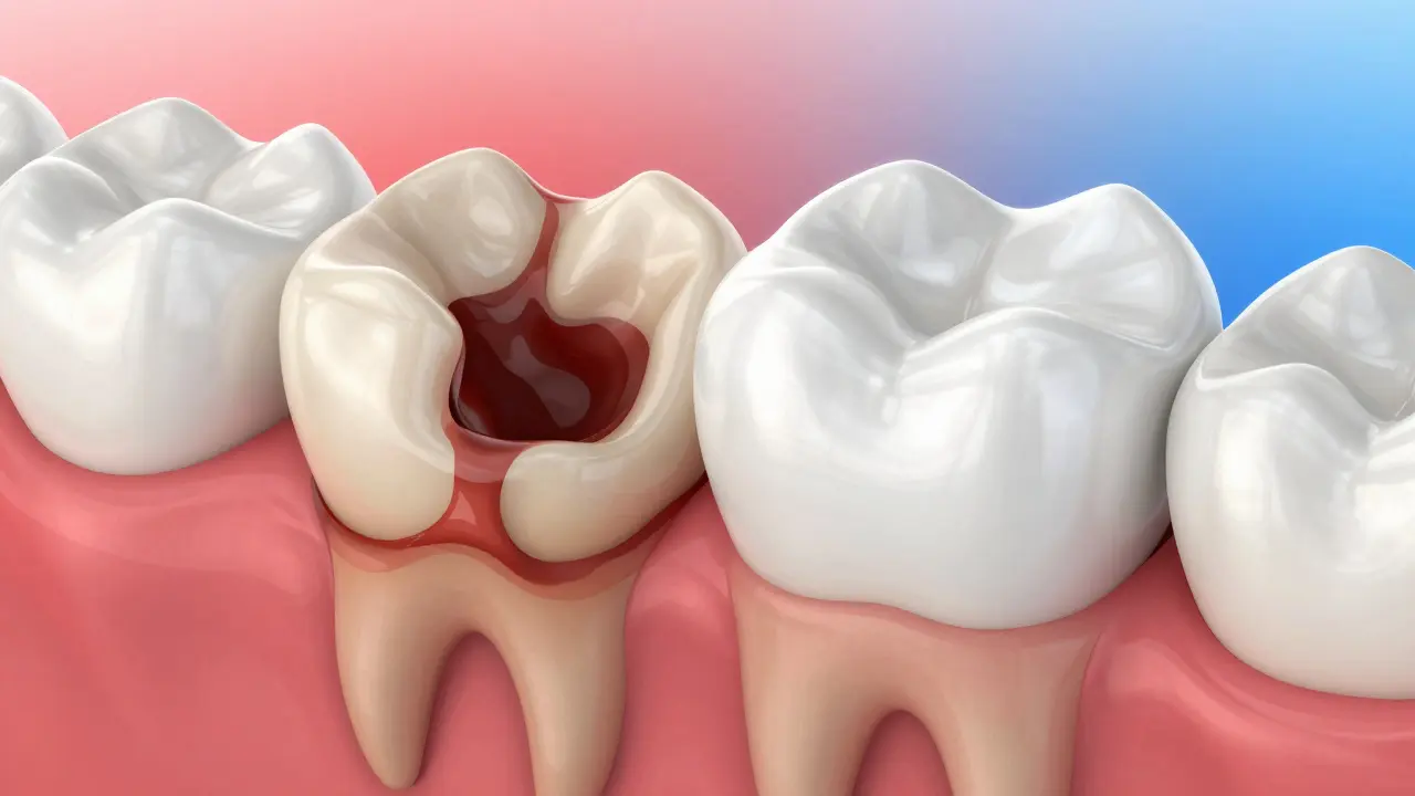 Porovnání poškozeného zubu s opraveným zubem s kompozitní plombou v přirozeném tvaru.