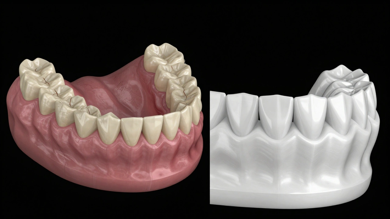Porovnání staré a moderní zubní protézy s detaily struktury.