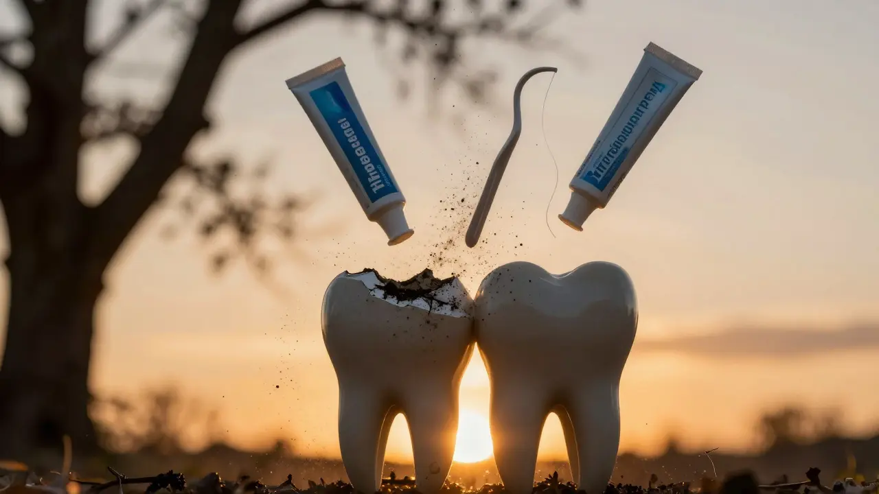 Poškozený zub v krajinném pozadí, zatímco bezpečné alternativy stoupají do záře slunce.