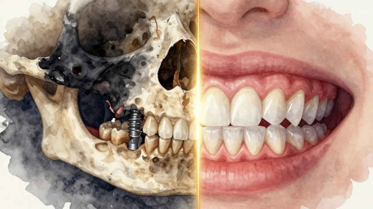 Přechod poškozené čelisti k zdravému chrupu s implantáty.