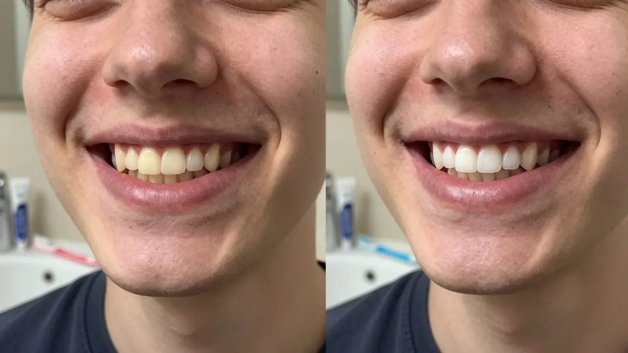 Před a po bělení zubů – stejná osoba s jasnějšími zuby po domácím bělení.