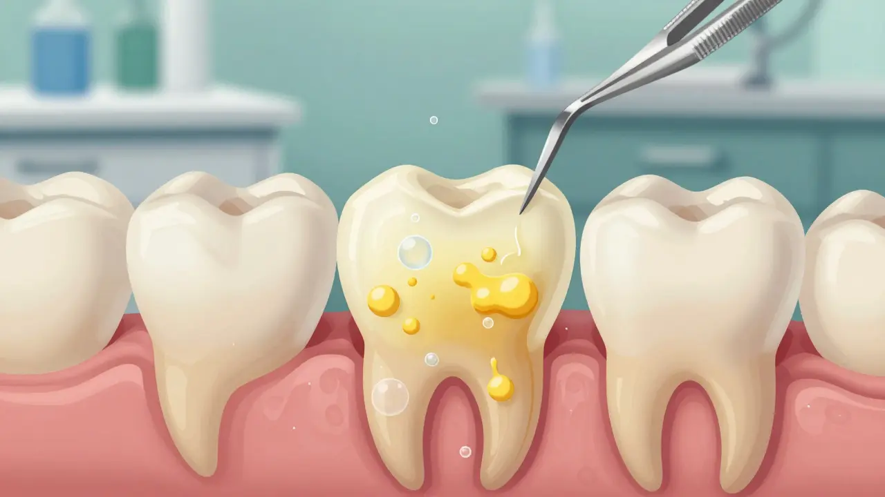 Příčný řez zubem ukazující, jak kyslík rozkládá žluté pigmenty v emailu.