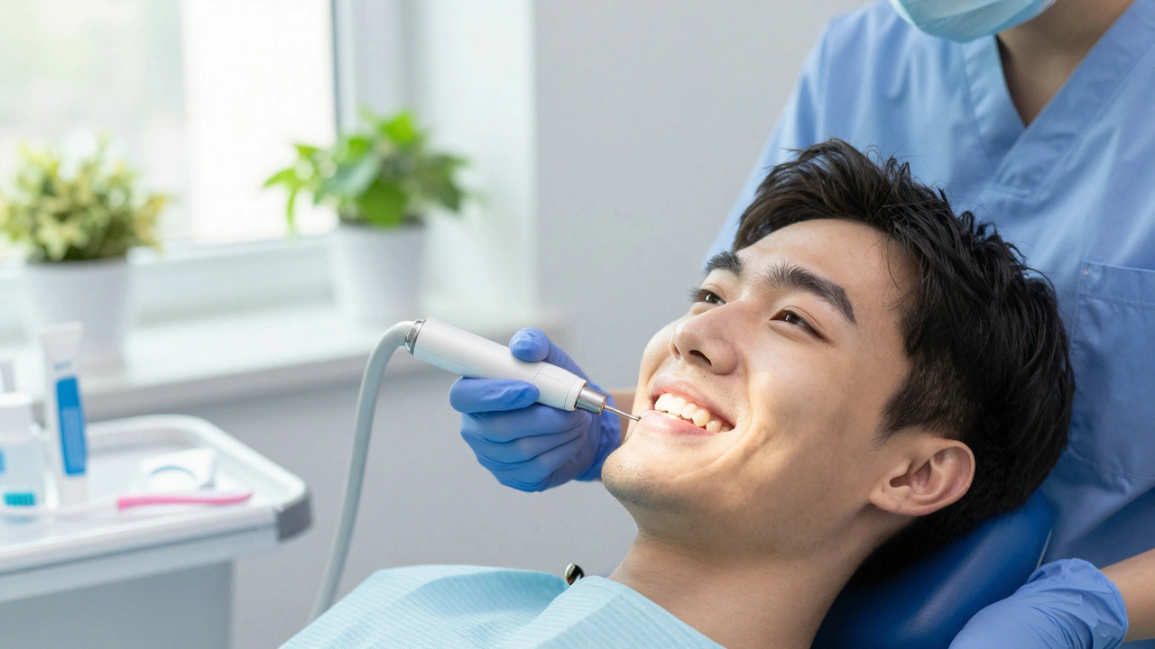 Profesionální čištění zubů s přirozeně bílými zuby a zdravými dásněmi