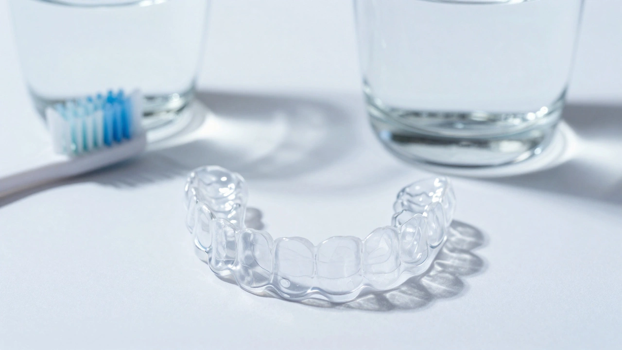 Průhledné plastové rovnátka leží na bílé ploše s kartáčkem a vodou.