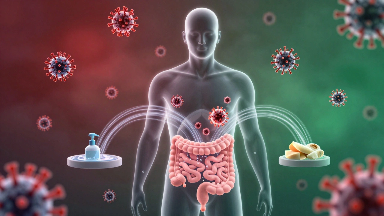 Průhledný lidský obraz s virovými částicemi, které vycházejí z těla, obklopený ochrannými prvky hygieny.