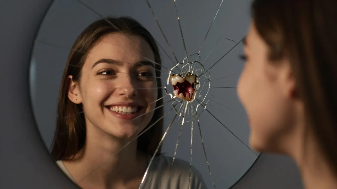 Rozbité zrcadlo odrazuje zdravý úsměv a poškozený zub.