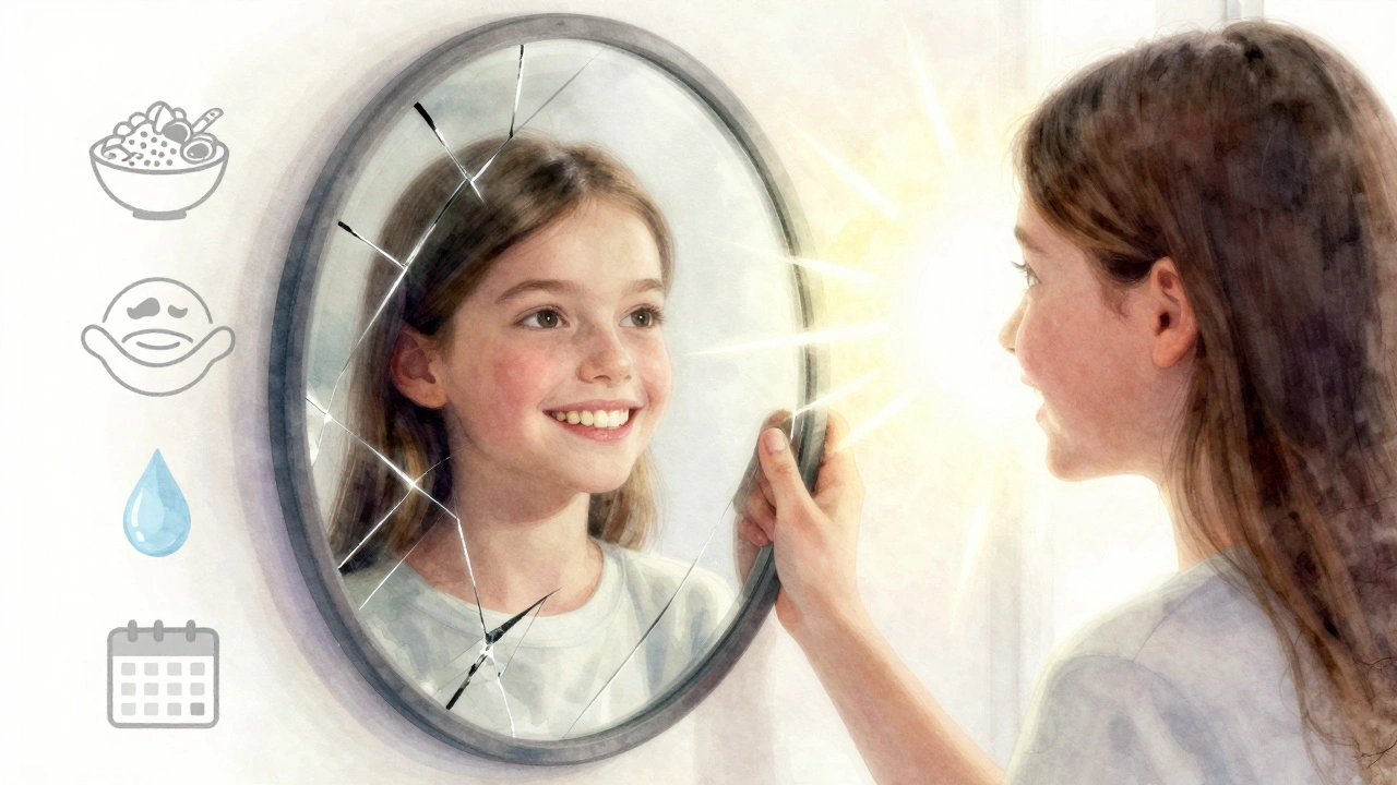 Rozdělené zrcadlo ukazuje změnu od žlutých k bílým zubům.