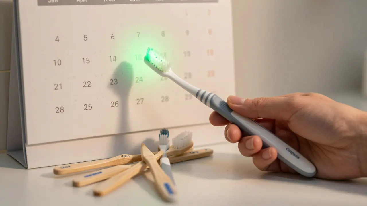 Ruka drží kartáček vedle tří starých, označených podle kvartálů, symbolizujících pravidelnou výměnu.