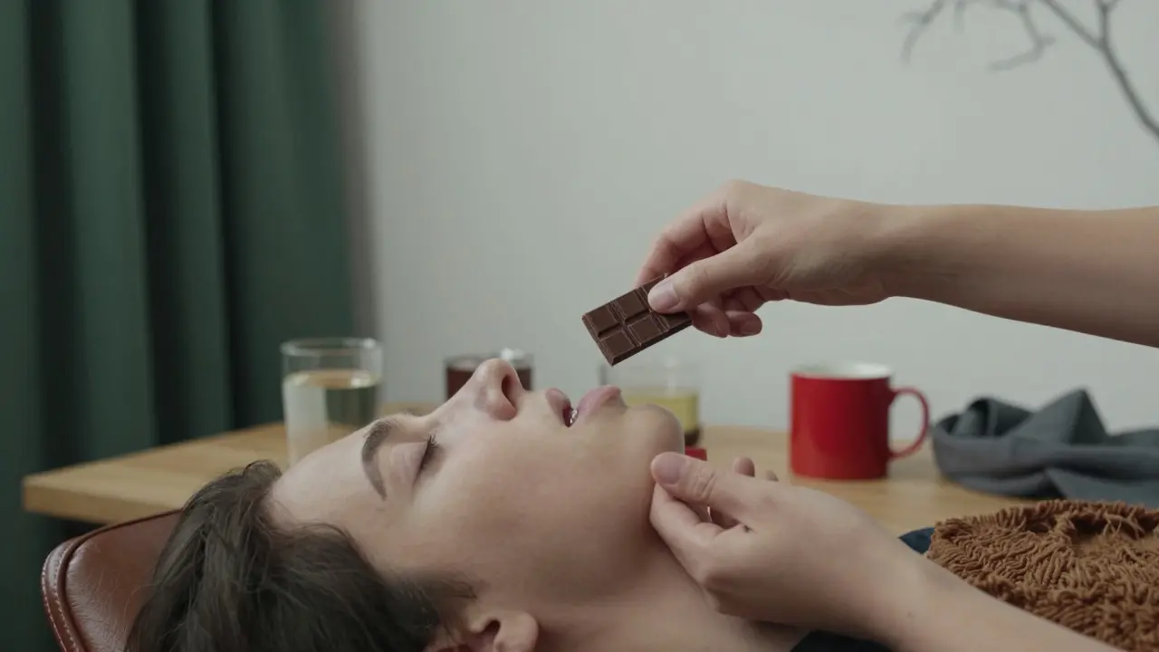 Ruka drží kousek čokolády na jazyku, kolem ní jsou tiše naznačené pocity smyslů.