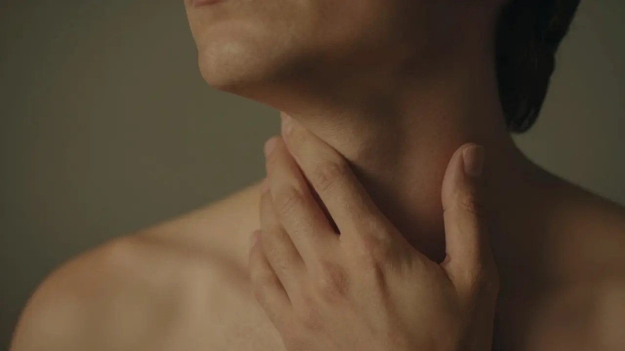 Ruka jemně leží na krku, vyjadřující klid a přijetí.