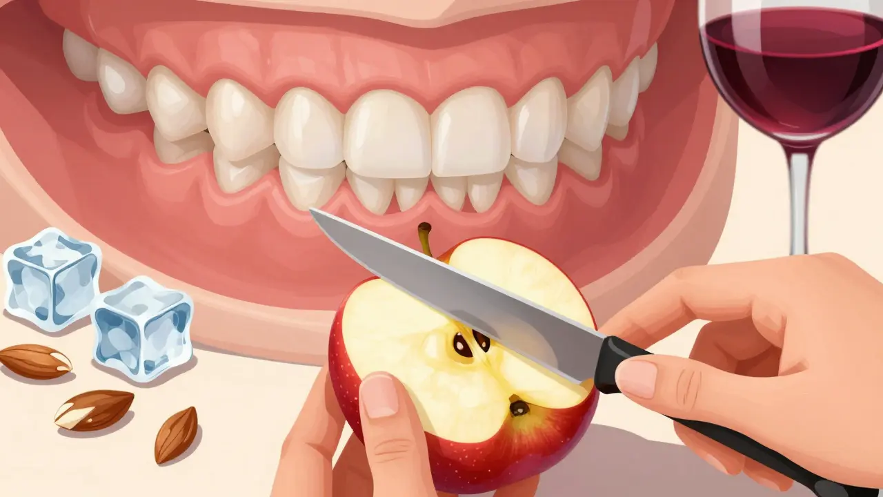 Ruka řeže jablko na menší kousky, aby se nepoškodily fazety.