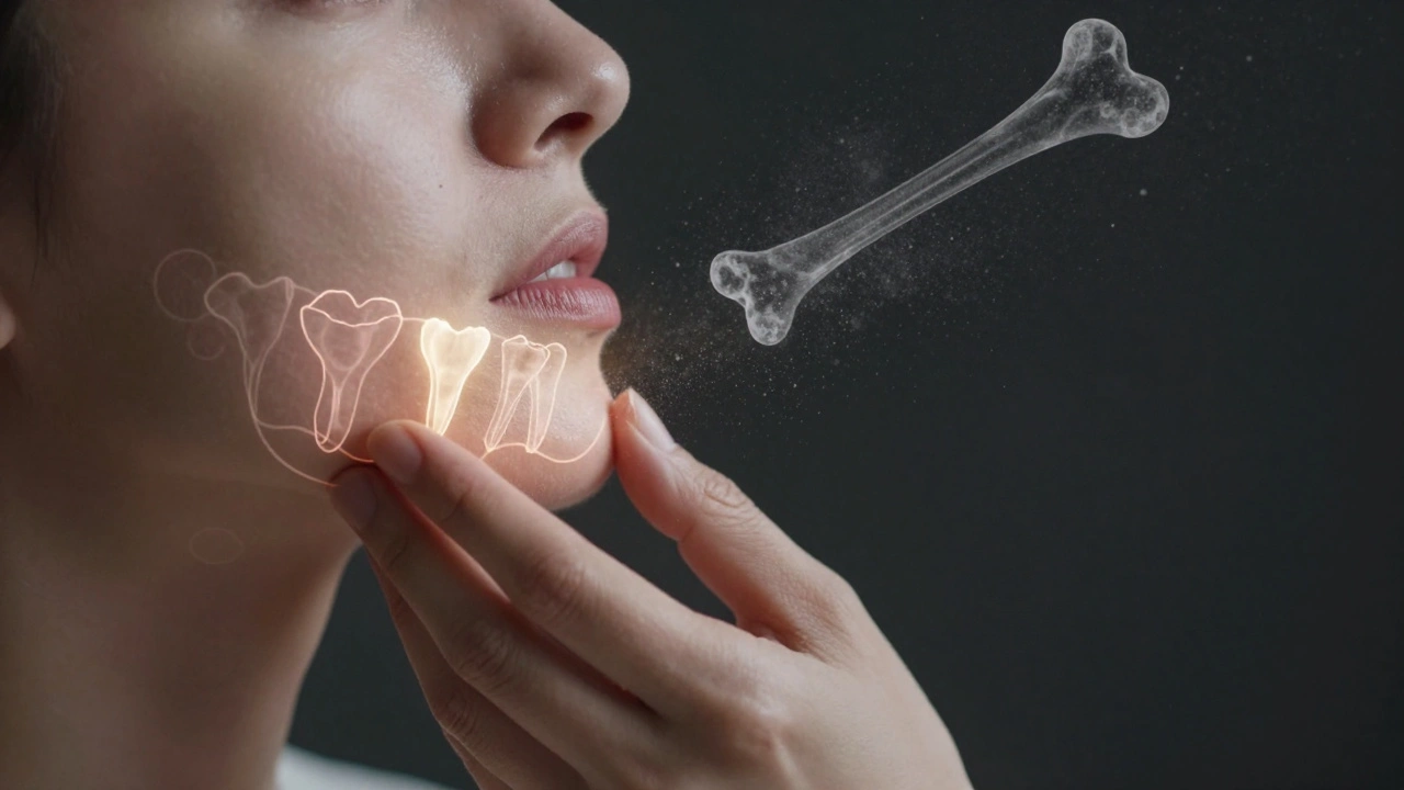 Ruka se dotýká tváře, pod kůží se objevuje světlo reprezentující regeneraci kosti.